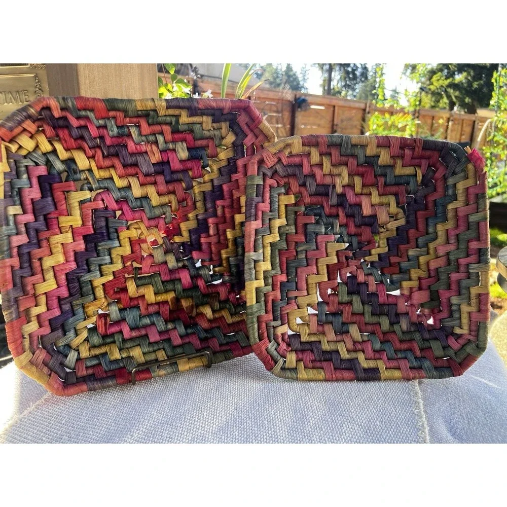 Vintage Handwoven Artisan Raffia Nesting Baskets Boho Folk Art Set